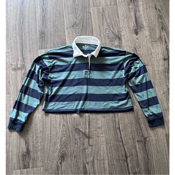 Hollister greens and navy striped polo shirt cropped fit Women’s Medium - Picture 2 of 7